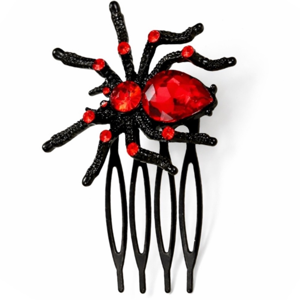 Goth Red Crystal Spider Hair Comb | Black Halloween Gothic Hair Accessories
